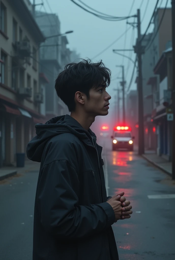 dark haired guy waiting for ambulance to arrive 