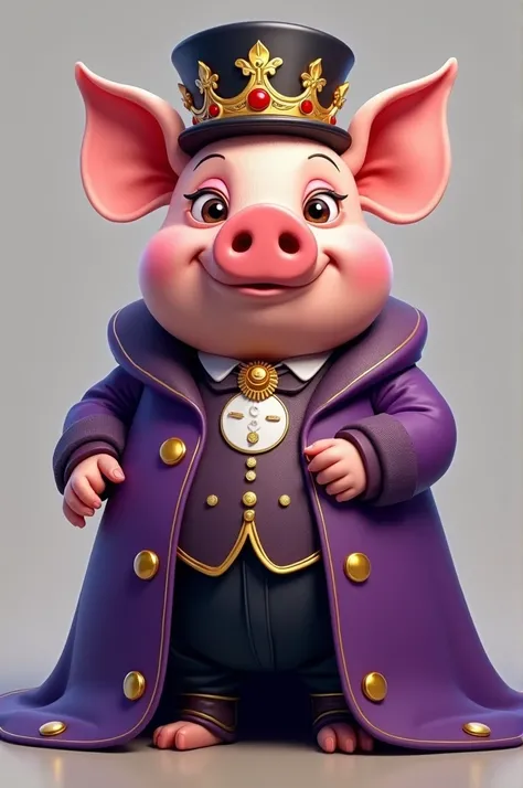 
a pig in a purple kings outfit and black hat and black pants.cantoon style