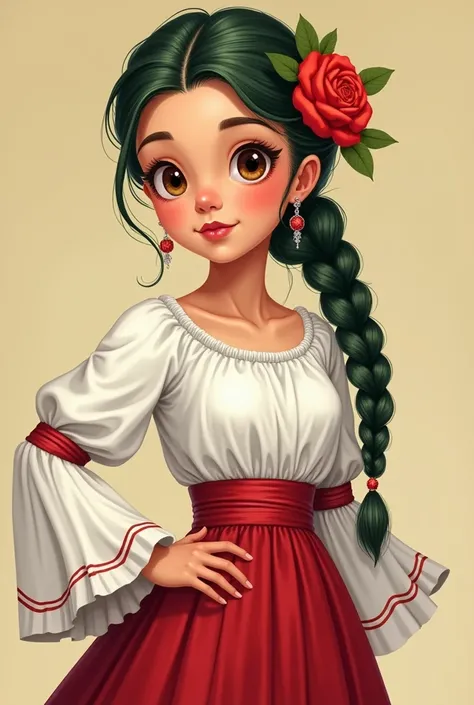 A girl with a white blouse with a round neck and bell-shaped sleeves in all white, a long red skirt, a thin sash at the waist, a green flag braid on one side with a rose. Like a mariachi 