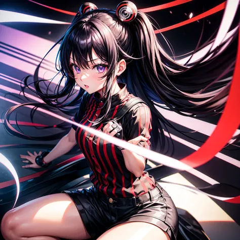 Tokyo Revengers style anime girl, by white, deep purple eyes, black and red striped shirt, shorts negros 