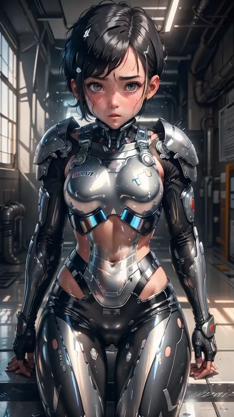 Highest quality　8k Cyborg Suit Girl　Elementary school girl　Sweaty face　cute　Boyish short hair　Very short hair　Steam coming out of my head　My hair is wet with sweat　Black Hair　Broken and unable to move　　Lying down　Soaked Face　My crotch is wet