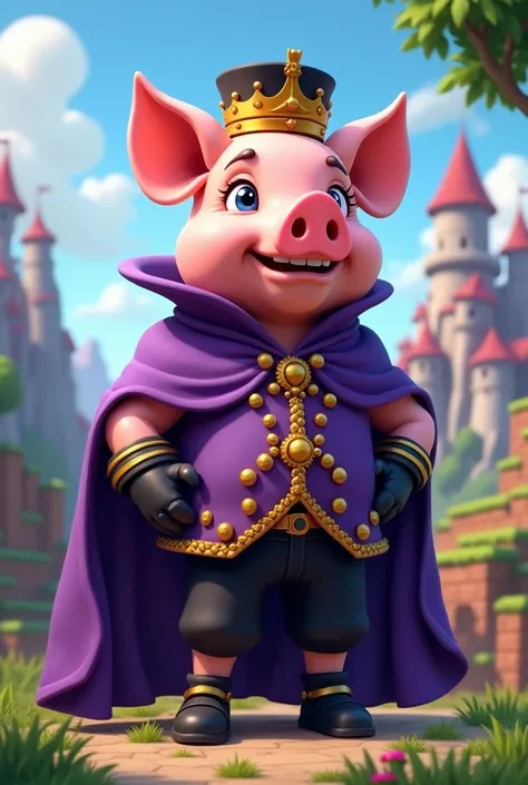 
a pig Masculine in a purple kings outfit and black hat and black pants.cantoon style Minecraft 