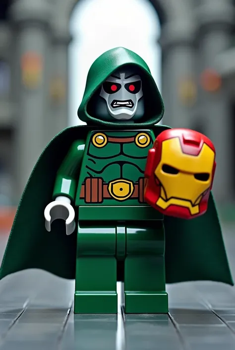 Dr. Doom, reimagined as a LEGO minifigure. He stands triumphantly amidst a backdrop of his LEGO-built castle, clutching a LEGO Iron Man helmet in his gauntleted hand. Focus on capturing the imposing presence of Dr. Doom, emphasizing his signature green clo...