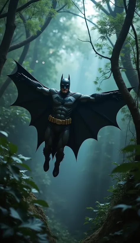 Batman flying in deep jungle, fantasy jungle with lights and tress, photorealistic, cinematic, dynamic pose