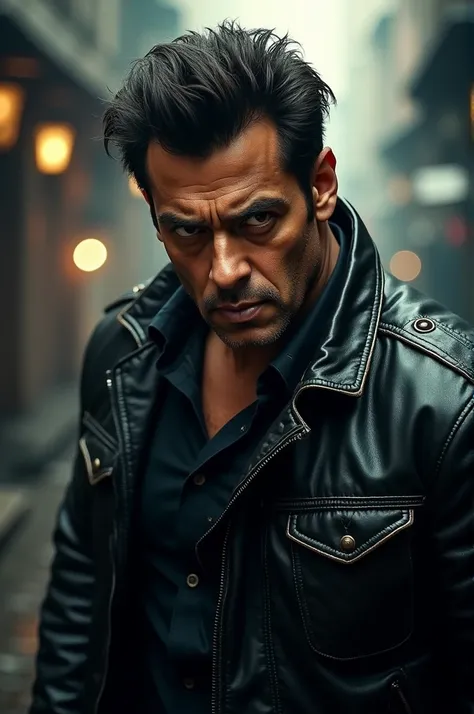 

Salman Khan is dressed in a black leather jacket, his eyes narrowed into a piercing gaze. His chiseled face is set in a fierce expression, with a hint of a scowl. His hair is styled in a messy, rugged look, adding to his intense persona. In the backgroun...