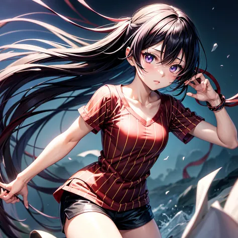 Tokyo Revengers style anime girl, by white, deep purple eyes, black and red striped shirt, shorts negros, adolescent, medium complexion