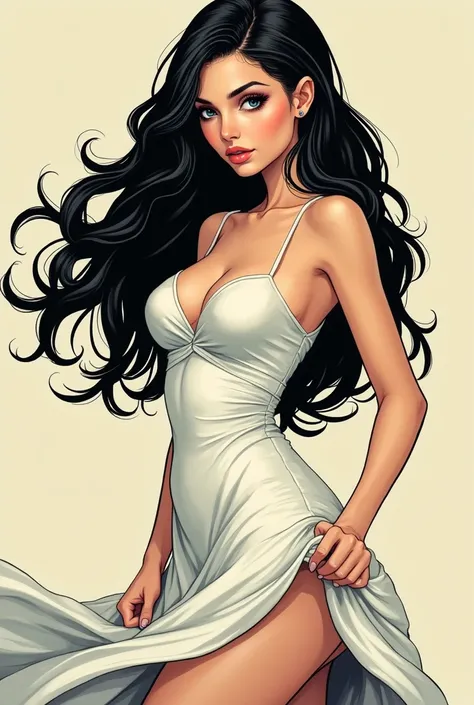 Draw a girl in comic book style, she has long black hair, pale skin black eyes, big boobies, big-ass, Waist slender, is extremely beautiful , draw her with clothes that cover more of her body, your skin should be pale, draw her with a dress, your eyes have...