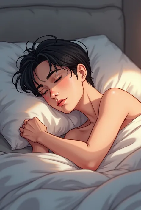 A full-body anime illustration of a fair-skinned handsome man sleeping in bed, sideways