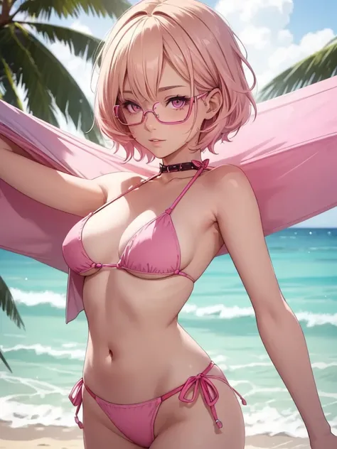 (Emilie), 1woman, wearing a sexy bikini at beach, blonde short hair with light pink end, wearing spectacles, pink colour eyes, 8k, high detailed, high quality