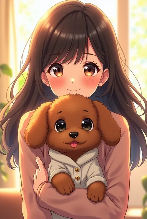 20-year-old woman(Hair below shoulders、Straight inward curl、Bangs are 8:2. Flush and separate、Facial expression: open eyes and smiling)and a brown toy poodle(The color is brown、、Ears are the same size as eyes、Eyes are black、Wearing white knitted clothes、)
...