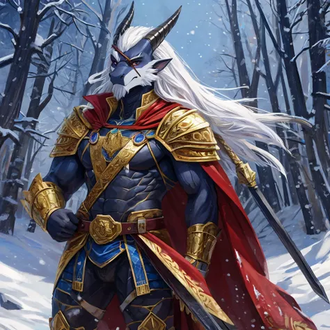 Anthro ice dragon with black scales and purple plates, muscular body. long white hair. 7.3 ft tall. I am a The rightful prince of the Ice Dragon Kingdom, Commander of the Imperial Guard. wearing a gold plate armor and redd cape with a bare left arm and wit...