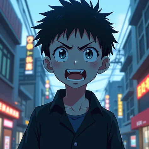 Detailed anime style, masterpiece, Studio Quality, 6k, Full Body Shot, One boy, devil, tooth, teeth, Grey Eyes, Skin of color, (Blue Skin of color 0.9), Goth, Heavy Set, Black Hair, Detailed Background, Modern Town in Japan, Complementary Color, Cinema Lig...