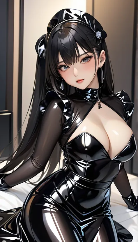 Nsfw,(masterpiece,highest quality,超A high resolution),Japanese women, (((Very beautiful 25 year old girl))),(transparent see-through Black latex maid outfit)、transparent see-through Black latex long skirt、transparent see-through Black latex long sleeve shi...