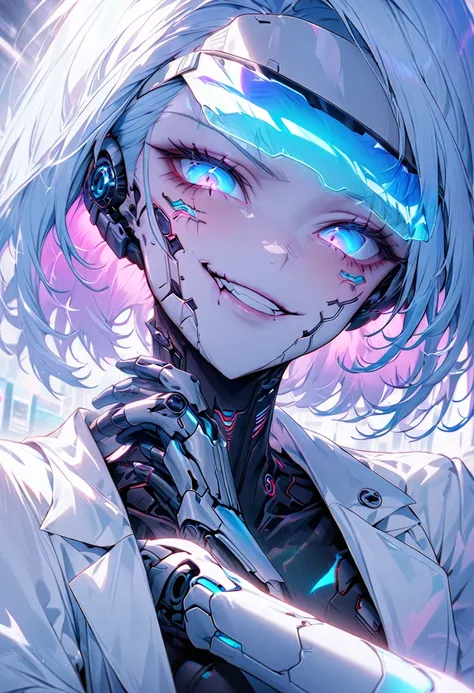 solo female, medium shot, iridescent eyes, electric blue hair, straight hair, asymmetric bob cut, pale skin, brilliant skin, athletic, cyborg hands, doctors office, cyberpunk, surgeon, smirk, cheeky, holographic visor, white lab coat, blood, close up