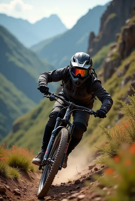 A male downhill rider with a black motocross helmet and glasses taking a selfie