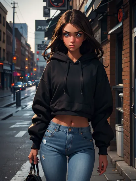 a pretty young brunette girl, 22 years old, wearing a black hoodie and blue jeans, walking down an urban street, pensive and slightly sad expression, detailed facial features, detailed eyes and lips, intricate urban background, moody lighting, cinematic co...