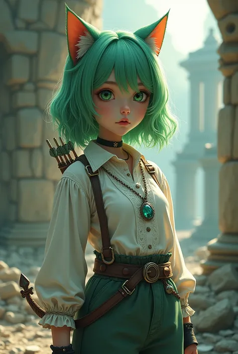 ((Best Quality)), ((masterpiece)), (detailed), (original), (realist), girl short green hair, medium green eyes, cat ears, soft smooth skin, small mouth, pink,  glow, Whole body, pants with belt, white shirt with details, cyan pendant, leather shoes, transp...