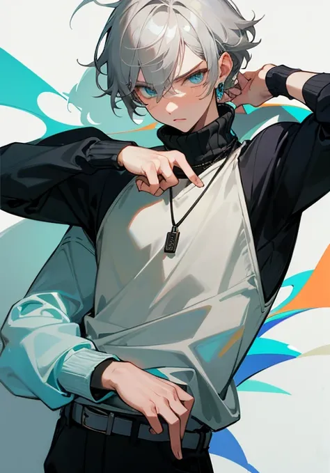 The boy has two block haircut or two side hair, light grey hair, silver hair, really short hair, death stare, short but messy hair, cyan eyes, man earrings, black turtleneck sweater for boy, men necklace, popular, kpop outfit, soft, cool, ikemen, handsome,...