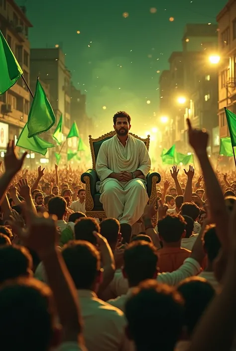 A large crowd of tamilnadu people of mostly men, gathered in a city street waving green flags and banners. In the center, a man with dark hair wear white shirt  and Dhoti is sitting in king chair a man face front view on a platform, addressing the crowd. N...