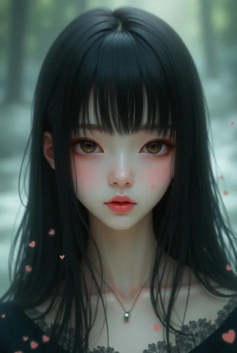 Girl with straight black hair and dark brown eyes, pale complexion with heart-shaped spots on the skin.