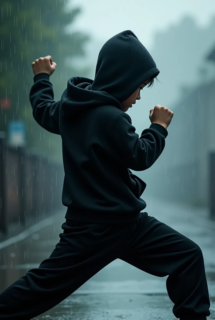 A boy in black hoodie doing shadow boxing in early morning in rain facing back to camera