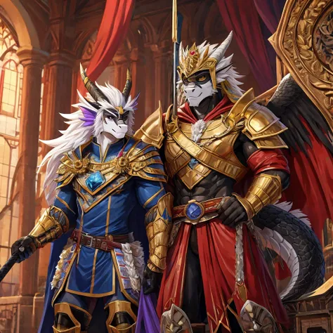 Anthro ice dragon with black scales and purple plates, muscular body. long white hair. 7.3 ft tall. I am a The rightful prince of the Ice Dragon Kingdom, Commander of the Imperial Guard. wearing a gold plate armor and red cape with a bare left arm and with...