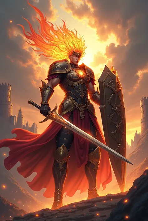 Create male jinn knight with fire hair in full armor medieval fantasy with shield and long sword with anime features 