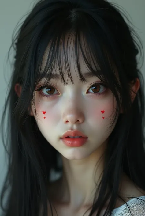 Girl with straight black hair and dark brown eyes, pale complexion with heart-shaped spots on the skin.