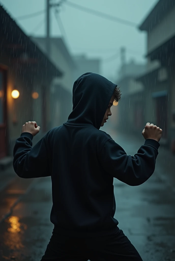 A boy in black hoodie doing shadow boxing in early morning in rain facing back to camera .
