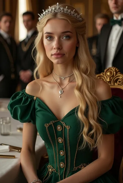 Create a young blonde haired, blue eyed Lannister woman with a stand wearing a beautiful, striking green dress and a discreet tiara eating at her table surrounded by servants 