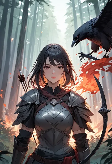 (masterpiece:1.5),(Beat quality),(high res),1girl solo,beautiful face,smile,upper body,Warrior Woman,Holding a bow,inflammation,Crow,forest