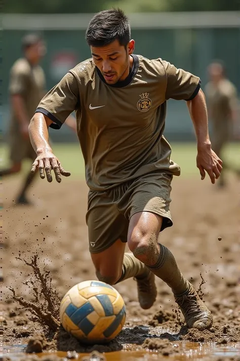 Soccer player playing soccer with volleyball in mud 