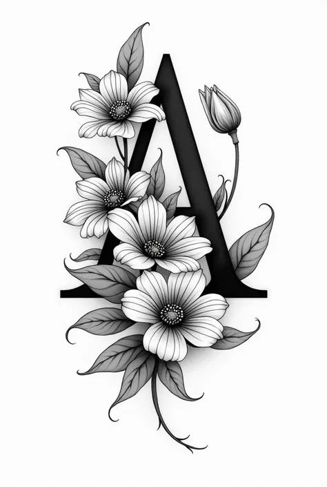 Create a tattoo sketch of the letter A intertwined with the letters J, B and flowers