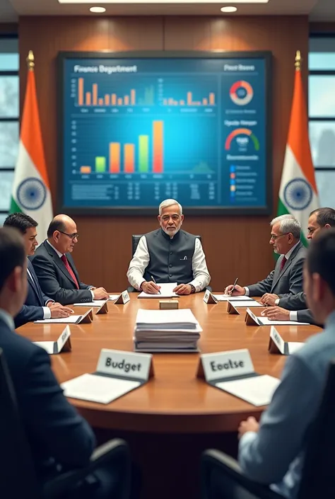 Create a detailed image showing the process of drafting the budget of India. The scene should depict a large, modern conference room with a round table at the center. Around the table, there are representatives from different government departments (like F...