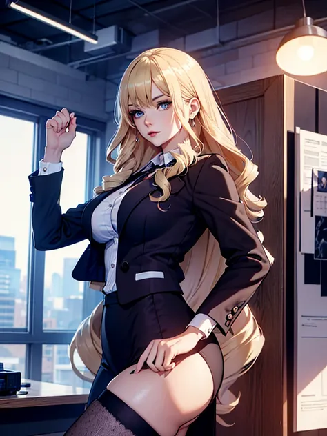 a woman wearing a black tight office suit, blonde hair, in an office environment, detailed, high quality, realistic, photorealistic, 8k, masterpiece, intricate details, cinematic lighting, dramatic composition, moody atmosphere