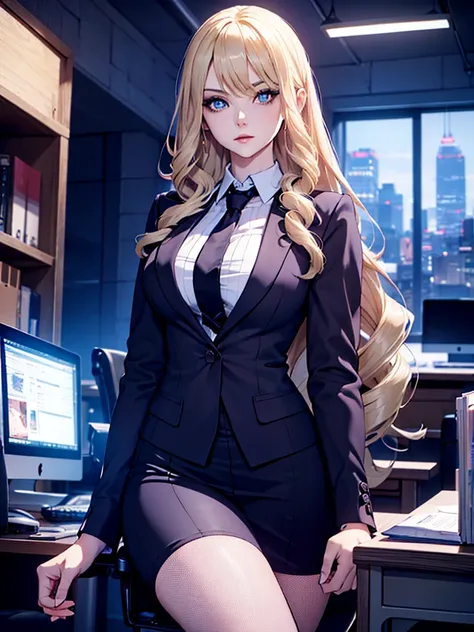 a woman wearing a black tight office suit, blonde hair, in an office environment, detailed, high quality, realistic, photorealis...