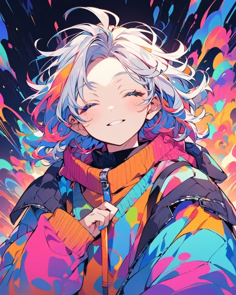 An anime-style of a young boy character with medium-length messy hair, wearing an oversized sweater and jacket. The character is shown with a calm expression, eyes closed, and head slightly tilted upward, giving a relaxed vibe. The image uses vibrant color...