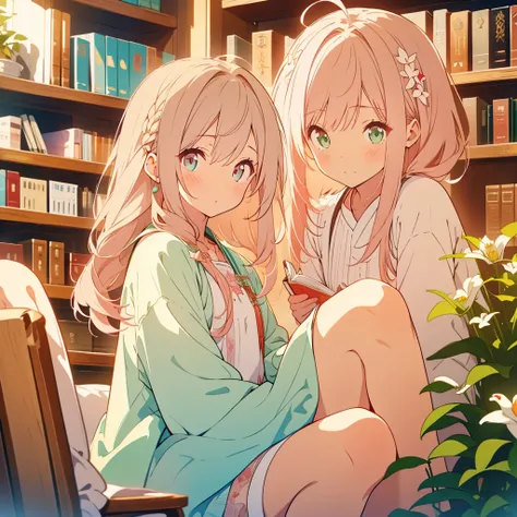 White lily、A girl with short light pink hair、Scarlet Eyes、Highlight on eyes、Crouching down to read a book、Embarrassed expression、Library、Detailed facial expressions、cute、8k、high resolution、Daytime、Bright sunlight、Girl with long brown hair、Green Eyes