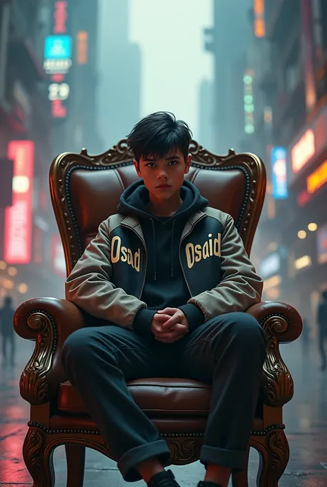 Handsom 13 year old boy written Osaid on her jacket in large size sitting on a king chair smoky effect change background cyberpunk 8k ultra realistic