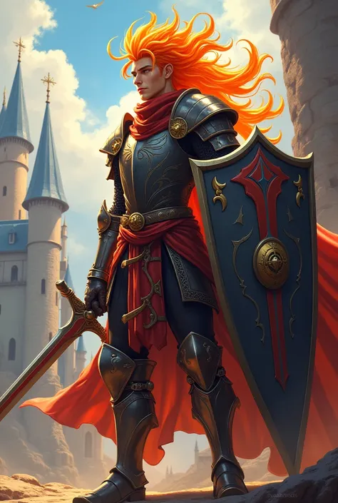 Create a male jinn knight with fire hair in full medieval fantasy armor with shield and long sword with anime features, create a button in this image 