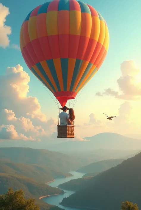 Couple flying in a balloon under the clouds 