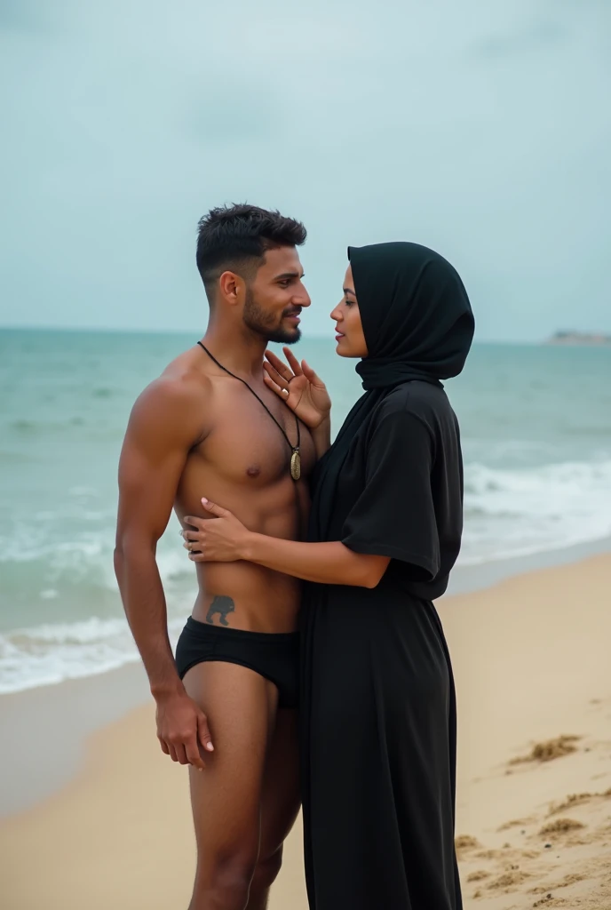 Black headscarf on the beach, Weak, barefoot woman, men touching her butt