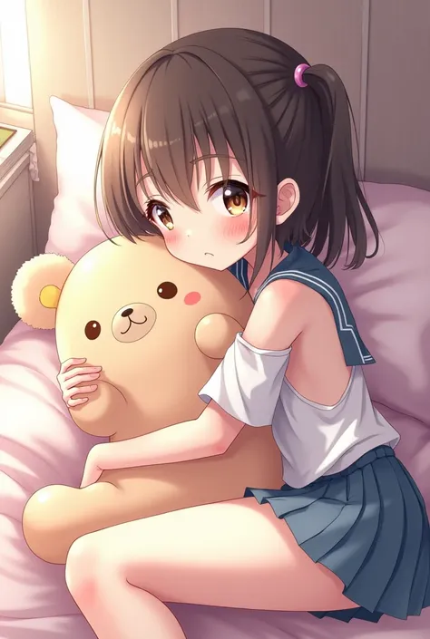 A girl in anime version with little clothing in her bed while hugging a stuffed animal and being a schoolgirl
