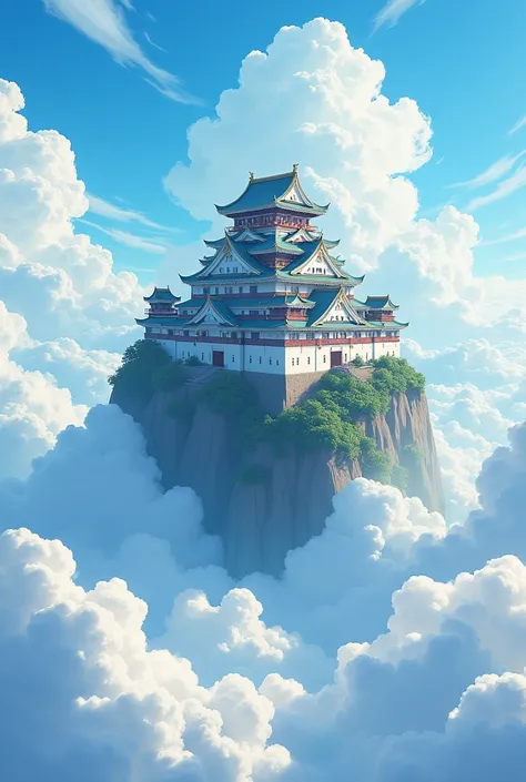 In the vast clouds there is an ancient castle drawn in anime style.