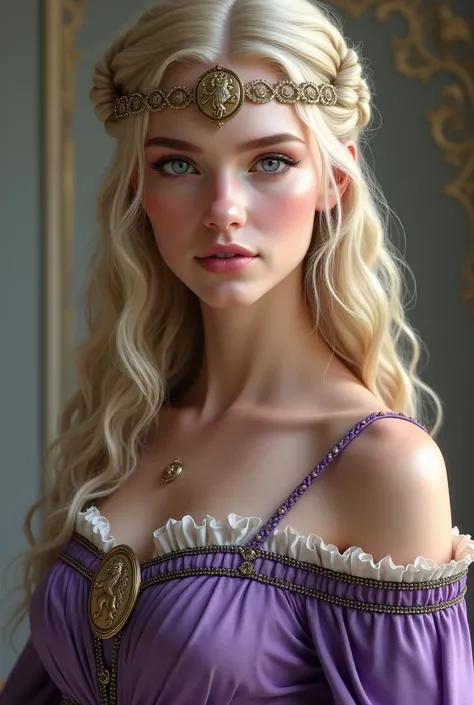 Create a young blonde-haired, blue-eyed Lannister woman with a stand wearing a beautiful, eye-catching dress with violet details and a discreet headband with a Lion emblem. 