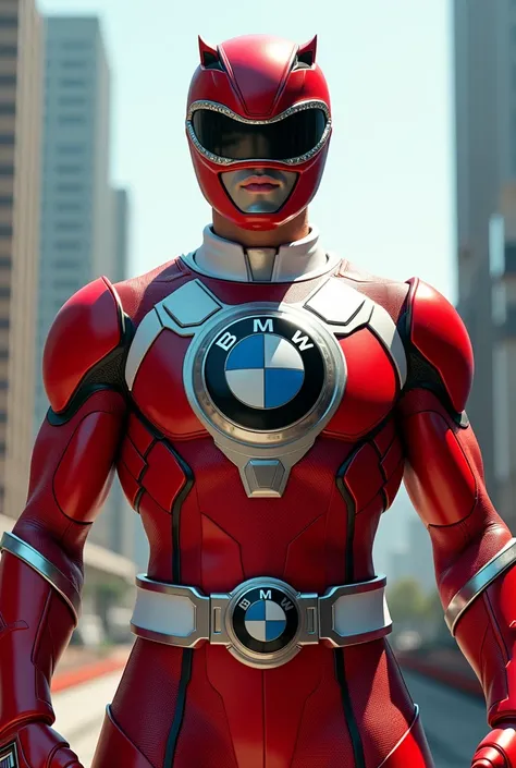 A  man with bmw car logo on his Power rangers suit