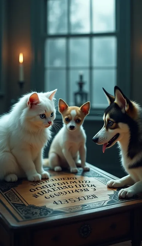 A photorealistic image of three animals— a white fluffy cat, a chihuahua, and a husky— gathered around ouija board inside a dimly lit room. The white cat, sitting calmly on the left, has bright blue eyes and a curious expression, its fur meticulously detai...