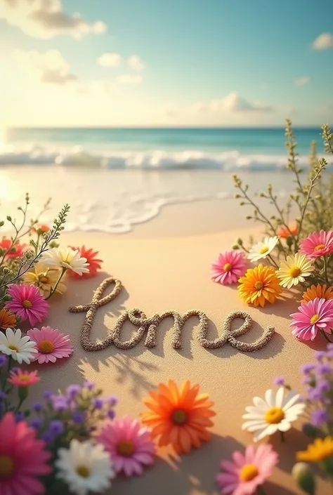 My name written on sand with lots of flowers 
