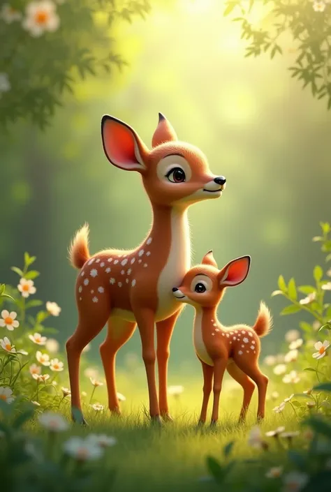 Mom deer and baby deer standing with greenish background 