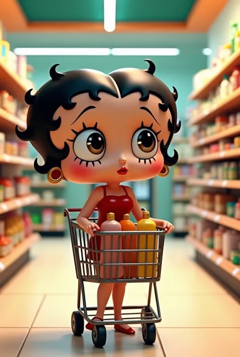 Betty boop with brown eyes in supermarket with shopping cart containing shampoo and personal hygiene products 